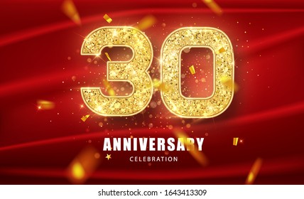 30th Anniversary celebration. Golden glitter numbers with sparkling confetti. Vector festive illustration. Realistic Party event decoration