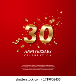 30th Anniversary celebration. Golden number 30 with sparkling confetti, stars, glitters and streamer ribbons on red background. Vector festive illustration. Birthday or wedding party event decoration