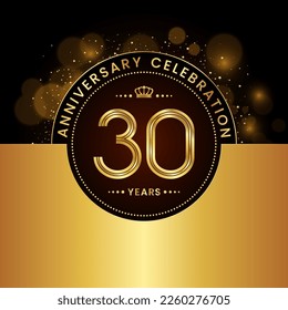30th Anniversary Celebration. logo design with golden numbers and text for birthday celebration event, invitation, wedding, greeting card, banner, poster, flyer, brochure. Logo Vector Template