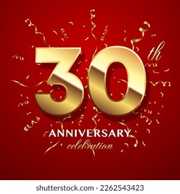 30th Anniversary Celebration. logo design with golden numbers and text for birthday celebration event, invitation, wedding, greeting card, banner, poster, flyer, brochure. Logo Vector Template