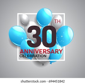 30th anniversary celebration logotype. anniversary logo with balloon in white rectangle.  Vector design for celebration, birthday, party, festival, invitation card, and greeting card