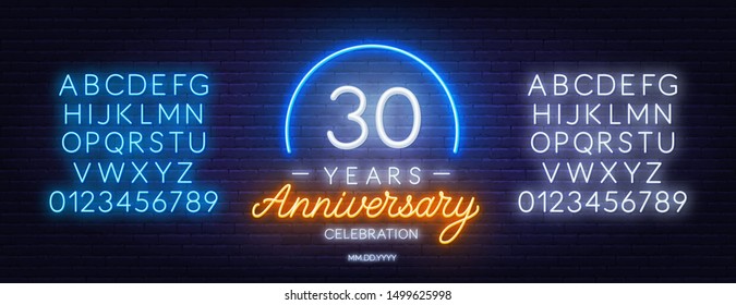 30th anniversary celebration neon sign on dark background. Neon alphabet . Template for invitation or greeting card.