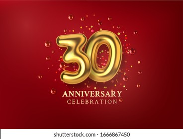 30th Anniversary celebration. Number in the form of golden balloons. Realistic 3d gold numbers and sparkling confetti, glitters. Horizontal template for Birthday or wedding event. Vector illustration