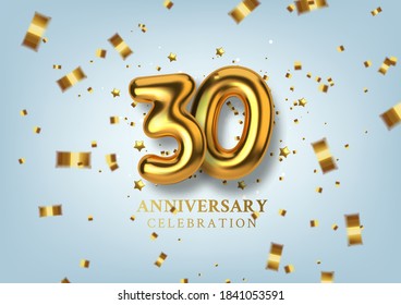 30th Anniversary celebration. Number in the form of golden balloons. Realistic 3d gold numbers and sparkling confetti, serpentine. Horizontal template for Birthday or wedding. Vector illustration