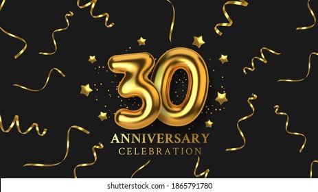 30th Anniversary celebration. Number in the form of golden balloons. Realistic 3d gold numbers and sparkling confetti, serpentine. Horizontal template for Birthday or wedding event. Vector