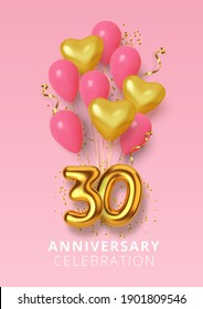 30th Anniversary celebration Number in the form heart of golden and pink balloons. Realistic 3d gold numbers and sparkling confetti, serpentine. Vector illustration.