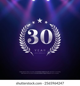 30th Anniversary celebration, Thirtieth year Anniversary celebration on lights background for celebration event, festive illustration.
