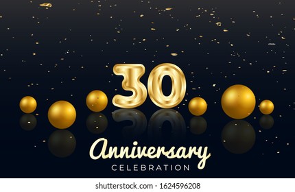 30th Anniversary celebration Vector background by using two colors in the design between gold and red, Golden number 30 with Realistic 3d sign & gold Sphere for Birthday or wedding party 