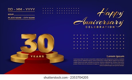 30. Jubiläumsfeier, Vektorvorlage mit 3D-Zahlen Stil und goldener Bühne, Vektorvorlage