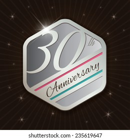 30th Anniversary - Classy and Modern silver emblem / Seal / Badge - vector illustration on  rays and stars background 