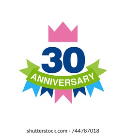 30th anniversary colored logo design, happy holiday festive celebration emblem with ribbon vector Illustration