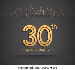 30th anniversary design for company celebration event with golden multiple line and confetti isolated on dark background 