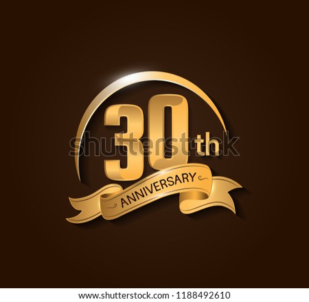 30th Anniversary design logotype. Anniversary logo design with swoosh and elegance golden ribbon. Vector template for use celebration, invitation card, and greeting card