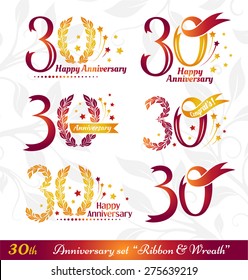 30th anniversary emblems set. Celebration icons with numbers ribbons, wreath and fireworks