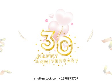 30th Anniversary gold inscription with original numbers and fonts for celebration and anniversary event party. Banner with gold confetti, ribbons and pink hearts