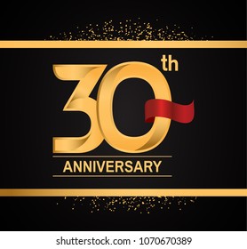 30th anniversary golden design with red ribbon and glitter isolated on black background for celebration