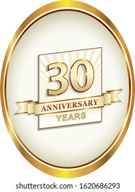30th anniversary logo background with number in gold oval with ribbon, vector design for celebration