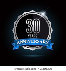 30th anniversary logo with blue ribbon and silver shiny badge, vector design for birthday celebration