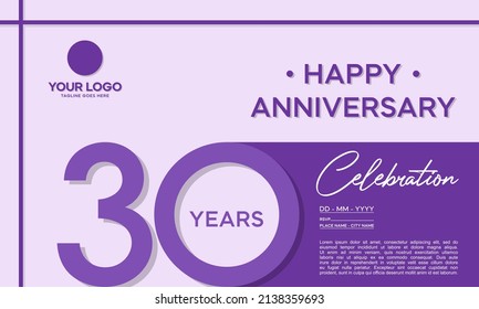 30th anniversary logo. Anniversary celebration logo design with purple color for booklet, flyer, magazine, brochure poster, web, invitation or greeting card. vector illustrations.