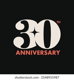 Logotipo do 30o aniversário com ilustração clássica do vetor da tipografia. 30 anos jubileu, casamento, modelo de festa de aniversário, cartaz, banner. Ano aniversário adesivo, rótulo, etiqueta, emblema.