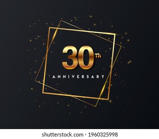 30th anniversary logo with confetti and golden frame isolated on black background, vector design for greeting card and invitation card.
