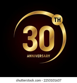 30th anniversary. Anniversary logo design concept with golden ring for anniversary celebration event, invitation card, greeting card, banner, poster, flyer, book cover. Logo Vector Template