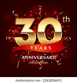 30th Anniversary logo design with golden numbers and red ribbon for anniversary celebration event, invitation, wedding, greeting card, banner, poster, flyer, brochure, book cover. Logo Vector Template