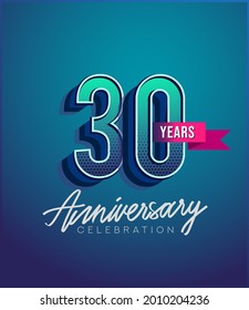 30th Anniversary Logo Design With Ribbon, Elegant Anniversary Logo With Blue Color, Design for banner and invitation card of anniversary celebration.