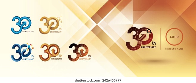 30th Anniversary logo design set, Thirty years Celebrate Anniversary Logo multiple line for celebration event, Abstract Circle Arrow, Growth to Success Concept, Curved Arrow Right to Target, Logo 30.