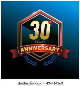 30th anniversary logo with gold ring and red ribbon. Anniversary signs illustration. Gold anniversary logo design and illustration
