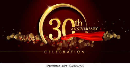 30th anniversary logo with golden ring, confetti and red ribbon isolated on elegant black background, sparkle, vector design for greeting card and invitation card