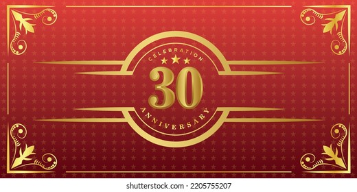 30th anniversary logo with golden ring, confetti and gold border isolated on elegant red background, sparkle, vector design for greeting card and invitation card
