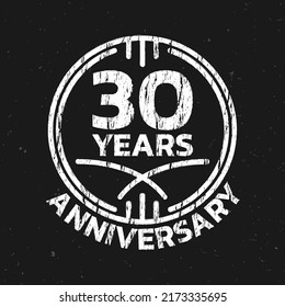 30th Anniversary logo or icon. 30 years round stamp design with grunge, rough texture. Birthday celebrating, jubilee circle badge or label template. Vector illustration.