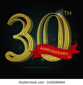 30th anniversary logo with Line motif and red ribbon isolated on elegant black background, vector design for celebration purpose
