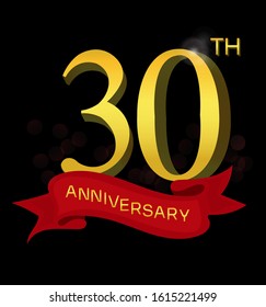 30th anniversary logo with red ribbon isolated on elegant black background, vector design for celebration purpose