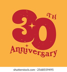 30th anniversary logo with red typography vector illustration. 30 years birthday, marriage ceremony or company 30th jubilee celebration banner, poster, template. Anniversary badge, sticker, label, tag