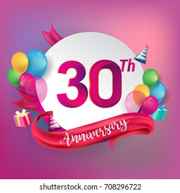 30th Anniversary logo with ribbon, balloon, and gift box isolated on circle object and colorful background.