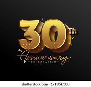 30th Anniversary Logotype with Gold Confetti Isolated on Black Background, Vector Design for Greeting Card and Invitation Card