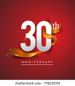 30th Anniversary Logotype With Golden Ribbon Isolated On Red Elegance Background, Vector Design For Birthday Celebration, Greeting Card And Invitation Card.