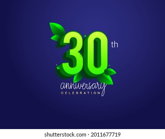 Logotipo del 30 aniversario con hojas y color verde, aislado en fondo azul.