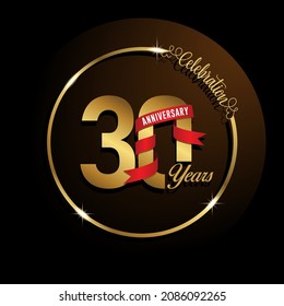 30th anniversary logotype with red ribbon. Golden anniversary celebration emblem design for booklet, leaflet, magazine, brochure poster, web, invitation or greeting card. Vector illustrations. EPS 10