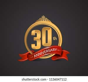 30th anniversary logotype style design luxury  golden color and ornament with warp red ribbon for company celebration event