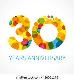 30th anniversary numbers. 30 years old logotype concept. Bright congrats. Isolated abstract graphic design template. Creative 0 sign or ring. Age yellow digits. Up to 30%, -30% percent off discount.