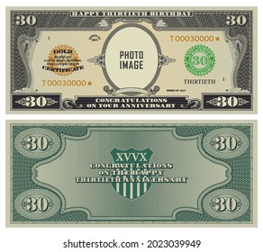 30th anniversary. Sample of the reverse and obverse of paper bills in the retro style of US dollars. Your photo and image 