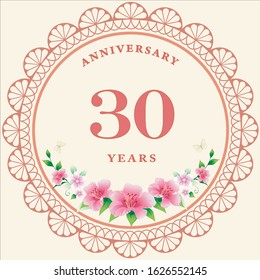 30th anniversary. Vector design greeting card with decorative floral circle for celebration