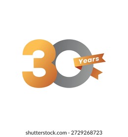 30th Anniversary Vector: Golden and Silver Number with Ribbon, Celebrating Thirty Years Milestone for Business Event and Anniversary, Isolated on White