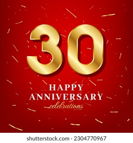 30. Jubiläum-Vektorvorlage mit goldener Zahl und goldener Konfetti auf rotem Hintergrund