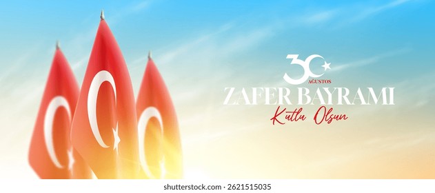 30 de agosto Dia da Vitória cartão Turquia. 30 de agosto: Celebração da Vitória e do Dia Nacional na Turquia. Tradução: 30 de agosto, Dia da Vitória, Feliz Aniversário. Ilustração vetorial com bandeiras ao nascer do sol.