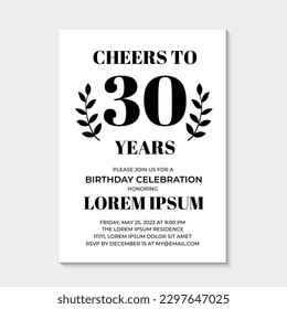 30th Birthday or Anniversary invitation card. Birthday Party invite. Cheers to 30 years. Vector template. svg
