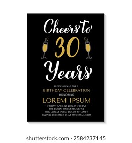 30th Birthday or Anniversary invitation card. Cheers to 30 years. Birthday Party invite. Vector template